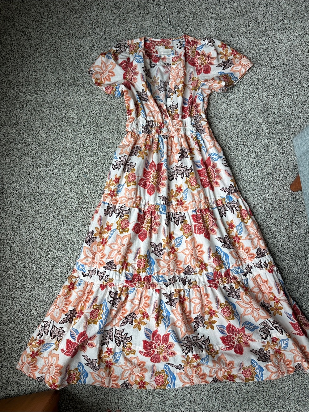 Anthropologie Somerset Maxi Dress with Red, Blue & Brown Floral Print